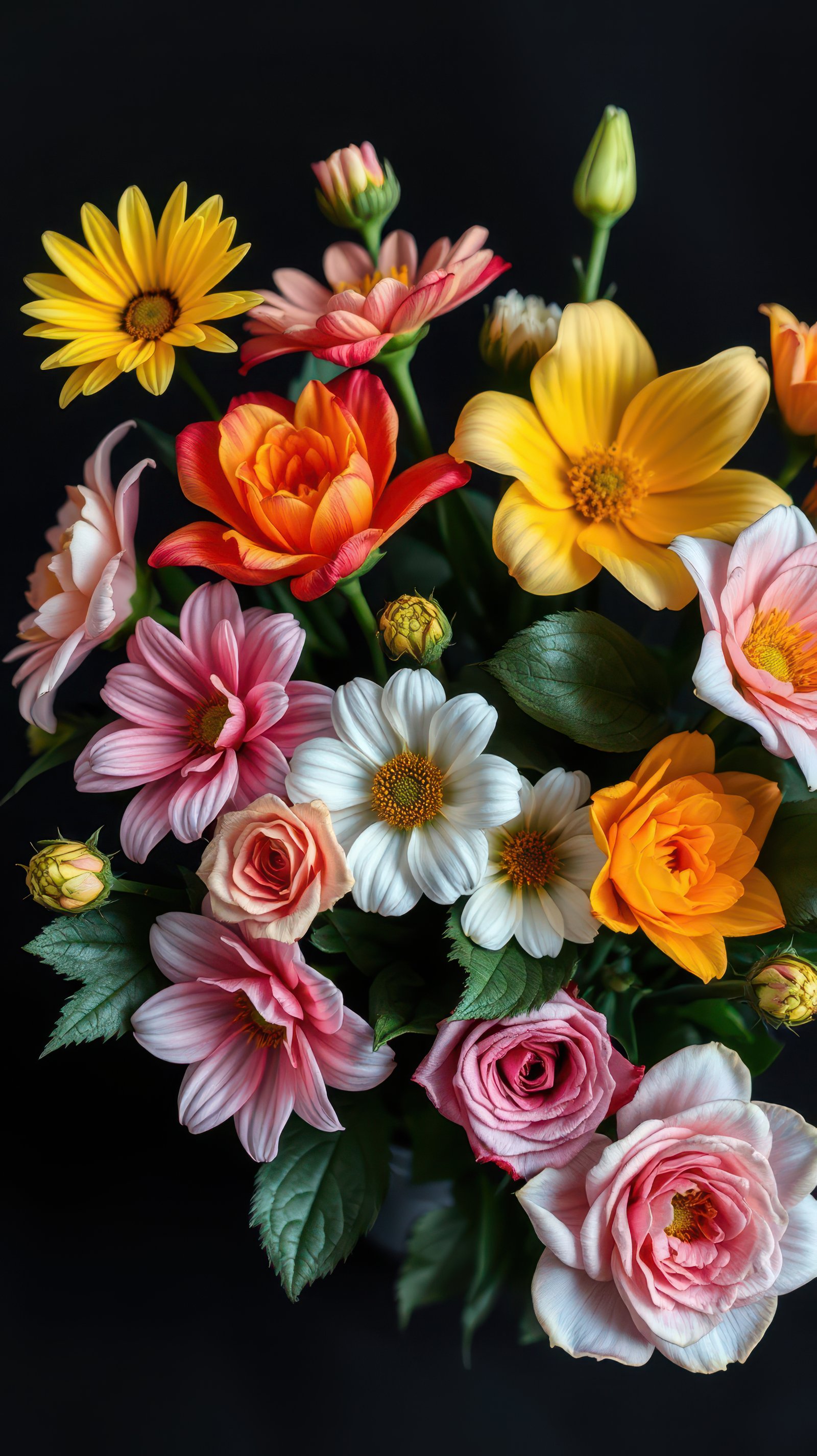 A bouquet of colorful flowers in full bloom, captured against a dark background